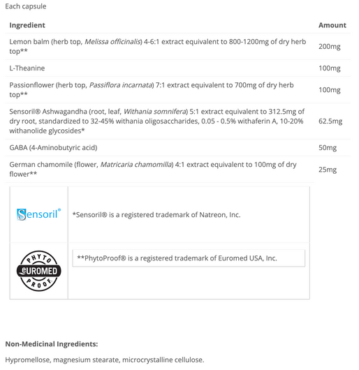 Cyto Matrix Sleep Matrix Ashwagandha Ingredients