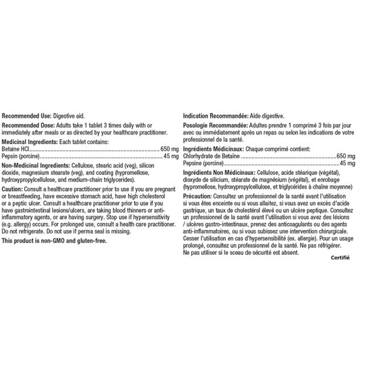 Metagenics Spectrazyme Betaine HCI + Pepsin Ingredients