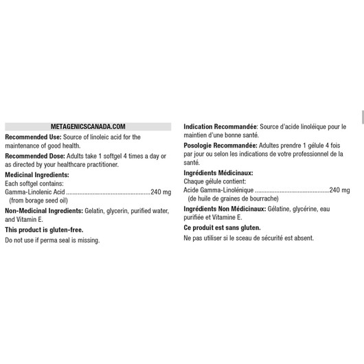 Metagenics OmegaGenics Borage Seed Oil GLA 240 mg - Ingredients