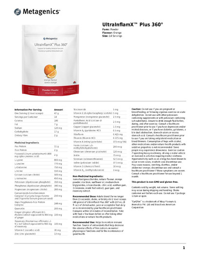 Metagenics UltraInflamX Plus 360 Orange 658 Grams Ingredients &Dose