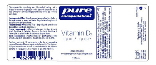 Pure Encapsulations Vitamin D3 liquid 22.5 Ml Label