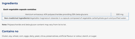 NFH Hericium Erinaceus Ingredients