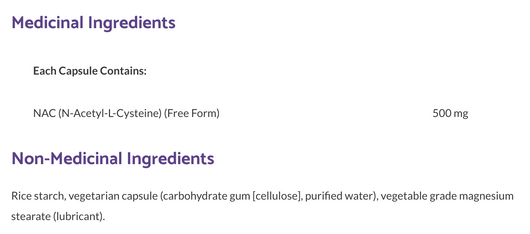 Bioclinic Naturals NAC 500 mg Ingredients