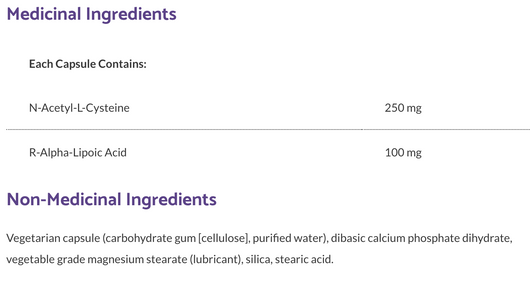 Bioclinic Naturals NAC And ALA Ingredients