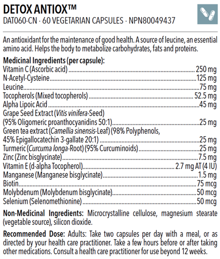 Designs for Health Detox Antiox 60 Veg Capsules Ingredients & Dose