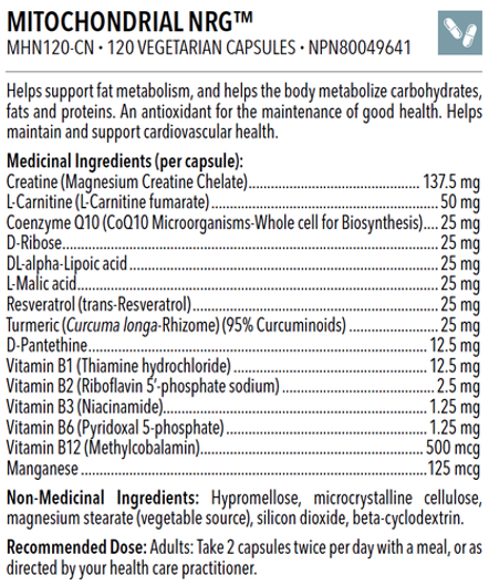 Designs for Health Mitochondrial NRG 120 Veg Capsules Ingredients & Dose