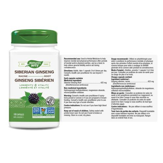 Nature's Way Siberian Ginseng 100 Veg Capsules Ingredients & Dose