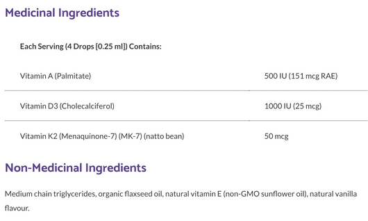Vitamin K2,D3, and A 30 ml Ingredients