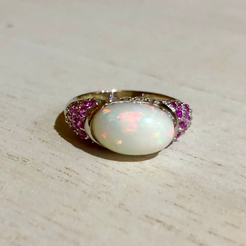 Opal, Pink Sapphire, & Diamond Ring.