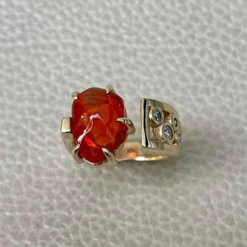 Unique Fire Opal and Diamond 14K Yellow Gold Ring