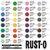 Color swatches from Rust-O, showing 30 different paint colors with names.