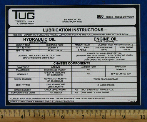 Decal with Lubrication Instructions for Aviation Ground Support Equipment