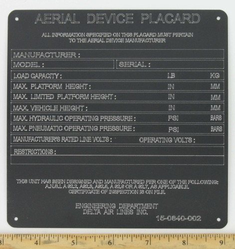 PLACARD, AERIAL DEVICE INSPECTION-150840006