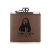 Wholesale engraved 6 oz. Rum Dark Brown Ultrahyde Flask customized with Porters Whiskey logo on a white background