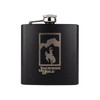 Wholesale engraved 6 oz. Jet Black Powder Coated Flask customized with Jackson Hole Resort logo on a white background