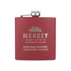 Wholesale engraved 6 oz. Maroon Powder Coated Flask customized with Mersey Craft Spirits logo on a white background
