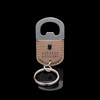 Wholesale engraved Oval Tan Keychain Bottle Opener customized with Cathead Distillery logo on a black background