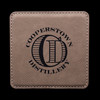Wholesale engraved Tan Square Coaster customized with Cooperstown Distilling logo on a black background
