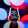 Wholesale engraved 4 oz. Urban Bar Spey Dram Glass customized with Whiskey Thief Distilling logo on a bokeh background