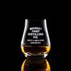 Wholesale engraved 4 oz. Urban Bar Spey Dram Glass customized with Whiskey Thief Distilling logo on a black background