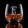 Wholesale engraved 15 oz. Hogs Head Rocks Glass customized with Vermont Distillers logo on a black background