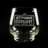 Wholesale engraved 10 oz. Single Barrel Select Rocks Glass customized with Jettywave Distillery logo on a black background