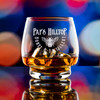 Wholesale engraved 10 oz. Single Barrel Select Rocks Glass customized with Paps Hilltop Distillery logo on a bokeh background