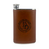 Wholesale engraved 5 oz. Aged Cognac Leather Field Flask customized with Devils Due Distillery logo on a white background