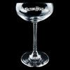 Wholesale engraved 7.75 oz. Stolzle Coupe Glass customized with Hilton Heads logo on a black background