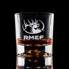 Wholesale engraved 10 oz. Aeneas Rocks Glass customized with RMEF logo on a black background