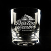 Wholesale engraved 8.5 oz. Stolzle New York Bar Rocks Glass customized with Boston Harbor Distillery logo on a black background