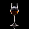 Wholesale engraved 6.25oz Stolzle Euro Tasting Glass customized with Sazciety logo on a black background