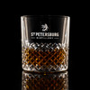 Wholesale engraved 11.5 oz. Carats Rocks Glass customized with St Petersburg Distillery logo on a black background