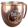 Wholesale engraved Copper Moscow Mule Mugs customized with The Diller Room logo on a White background
