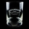 Wholesale engraved 14.25 oz. Stolzle New York Rocks Glass customized with Hush & Whisper Distilling logo on a black background