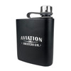 Wholesale engraved 6 oz. The Wingman Flask Black customized with Aviation Gin logo on a white background