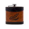 Wholesale engraved 6 oz. Espresso Double Aged Leather Flask customized with Templeton logo on a white background