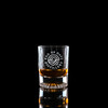 Wholesale engraved 1.5 oz. Venus Shot Glass customized with EOD Distillers logo on a black background