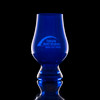 Wholesale engraved  blue Glencairn blind tasting glass customized with Temple Beth Shalom logo on a black background