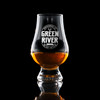 Wholesale engraved Glencairn Whisky Glass customized with Green River Whiskey logo on a black background