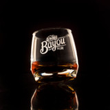 Wholesale engraved 7 oz. Wobble Whisky Glass customized with Bayou Rum logo black background