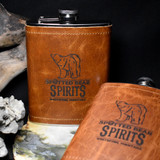 Wholesale engraved 8 oz. Extra Aged Leather Flask customized with Spotted Bear Spirits logo