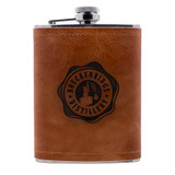 Wholesale engraved 8 oz. Extra Aged Leather Flask customized with Breckinridge Distilling logo on a white background