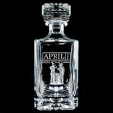 Wholesale engraved Premium Whiskey Decanter customized with April One Bourbon logo on a black background