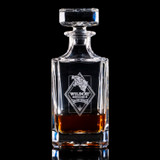 Wholesale engraved Premium Whiskey Decanter customized with Wildcat Bar logo on a black background