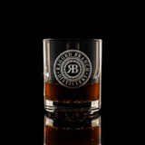 Wholesale engraved 7.75 oz. Nob Hill glass customized with Ragged Branch Distillers logo on a black background