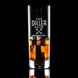 Wholesale engraved 11 oz. Stolzle New York Bar Collins Glass customized with The Diller Room logo on a black background
