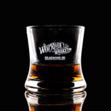 Wholesale engraved 8.5 oz. Samba Bourbon Glass customized with West River Whiskey logo on a black background