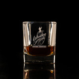 Wholesale engraved 9 oz. Prism Rocks Glass customized with Whistling Andy Distillers logo on a black background