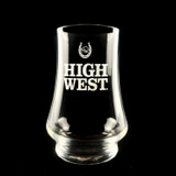 Wholesale engraved Kenzie Whisky Taster Glass customized with High West Distilling logo on a black background